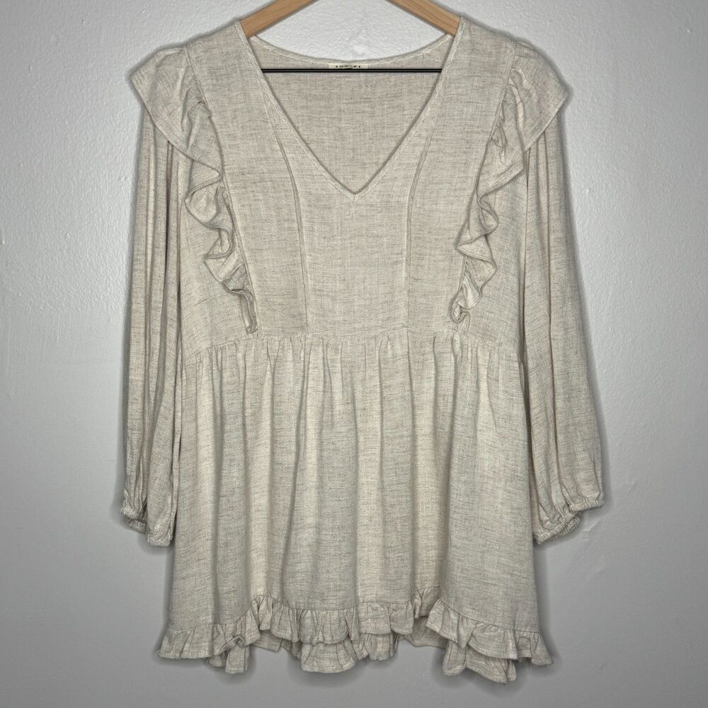 JODIFL‎ Womens Linen Blend Top Medium Beige Ruffle Empire Waist Peasantcore
